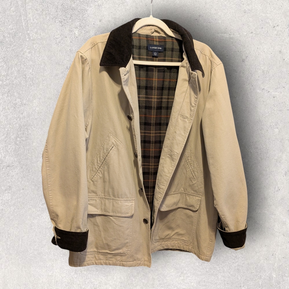 Lands' End Men's Beige Barn Jacket / Chore Coat with Dark Brown Trim. Large - Picture 4 of 11